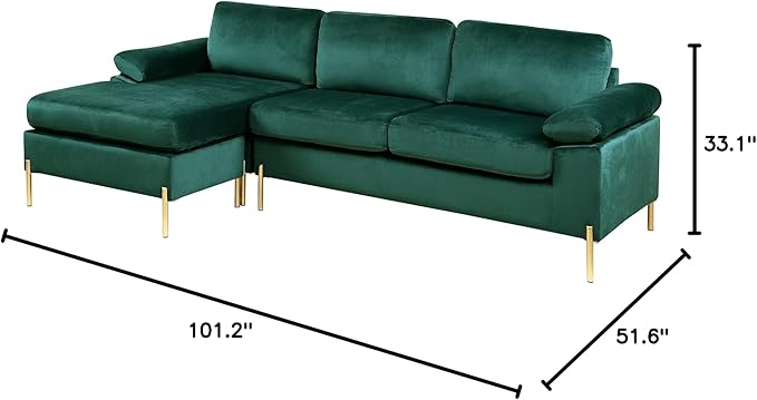 Favfurish 101 Velvet Upholstered Sectional Sofa with Chaise and Pillow Arms L-Shaped Solid/Manufatured Wood Loveseat Couch W/Removable Back &amp Cushionsfor Living RoomBedroomOfficeGreen