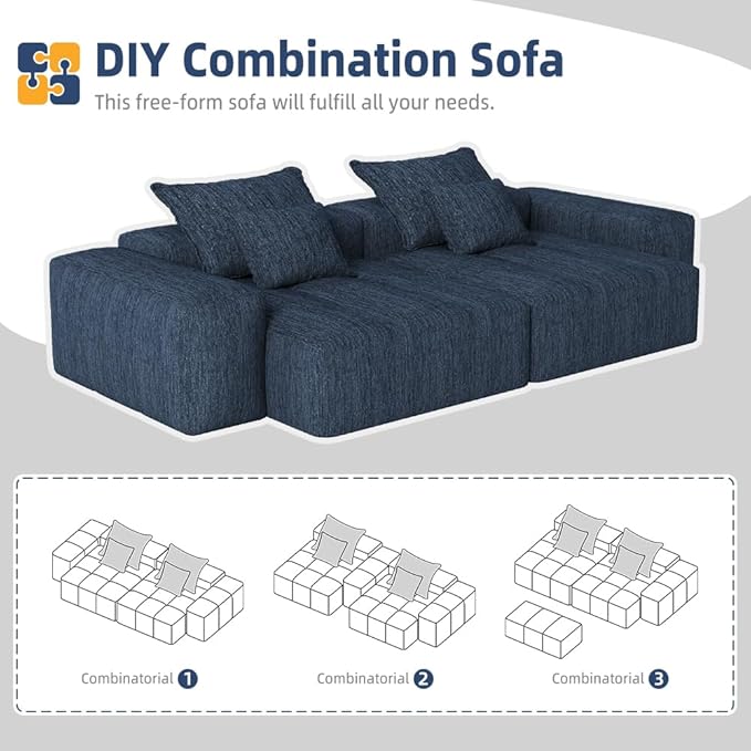 113'' Cloud Couch Modular Sectional Sofa Oversized Loveseat Compression Boneless Sofa with Deep Seat Chenille Sleeper Chaise Longue Minimalist Couches for Living Room Blue