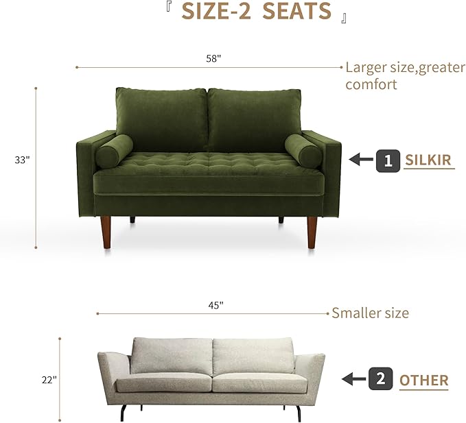SILKIR Velvet Loveseat Sofa Love Seats Furniture for Small Spaces Mid-Century Modern Loveseats for Living Room Love Seat Couch 58 Inches Olive Green