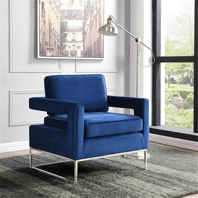Pemberly Row Upholstered Navy Velvet Accent Chair Contemporary Design Stainless Steel Legs with Chrome Finish Solid Wood Frame High-Density Foam Seat 33.5 W x 29.5 D x 35.5 H Living Room