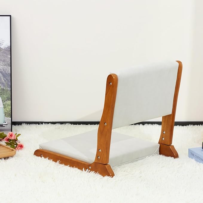 HollyHOME Floor Chair with Back Support Foldable Japanese Style Floor Chair Wood Legless Tatami Chair with Cushion Accent Meditation Floor Seat for Bay Window Living Room Bedroom Beige
