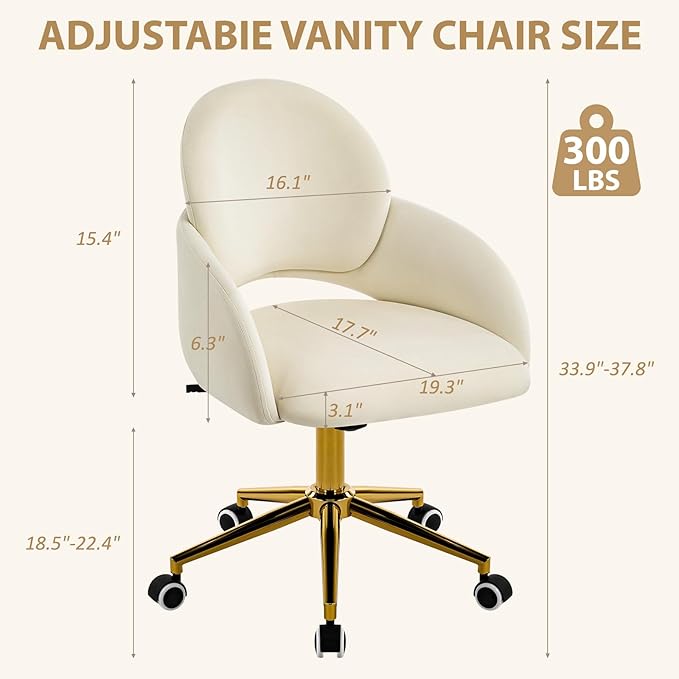 Furniliving Vanity Chair with Wheels Cute Upholstered Office Chair with Hollow-Out Back Height Adjustable Rockable Accent Chair with Gold Metal Base for Bedroom Makeup Room or Living Room (White)