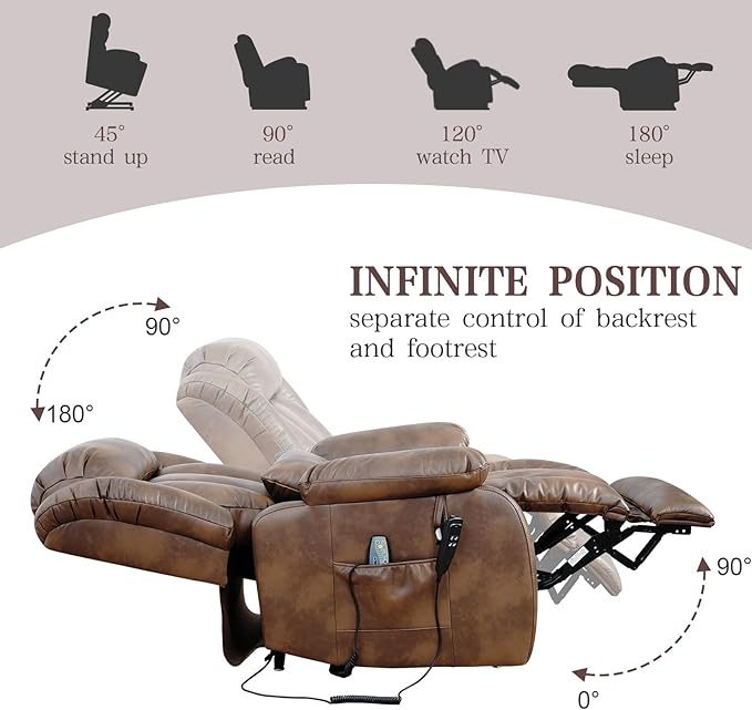 Infinite Position Lay Flat Lift Recliner Chair for Adults Dual Motor Power Lift Chair for Elderly with Massage &amp Heating Extended Footrest USB Ports Remote Control &amp Lumbar Pillow Leather