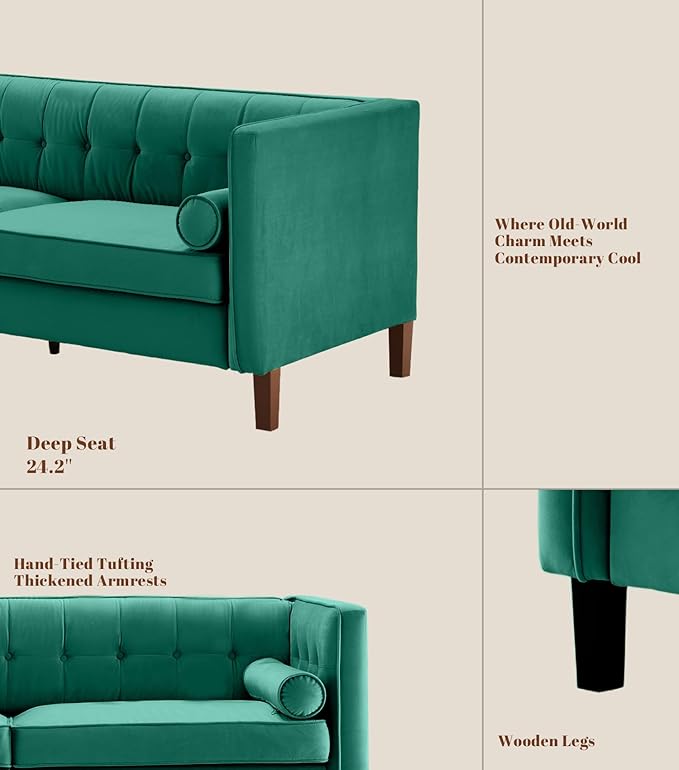 Dreamsir 58'' W Velvet Sofa Mid-Century Love Seats Sofa Furniture with Bolster Pillows Button Tufted Couch for Living Room Tool-Free Assembly (Loveseat Green)
