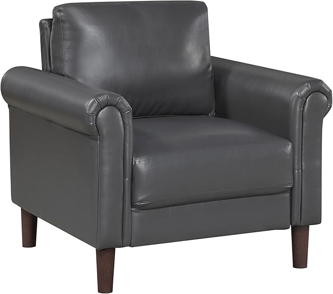 Lexicon 35 W Living Room Accent Chair Faux Leather Upholstered Armchair with Rolled Arm for Bedroom/Office/Waiting Room Single Sofa Chair Dark Gray