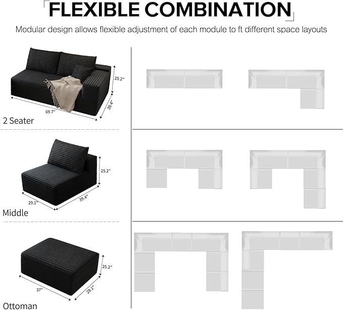 139.4 Modular Sectional Sofa L-Shaped Minimalist Couches with Ottoman Chaise Modern Deep Seat Convertible Sleeper SofaCloud Plush Corduroy Fabric No Assembly Required 5 Seater Black
