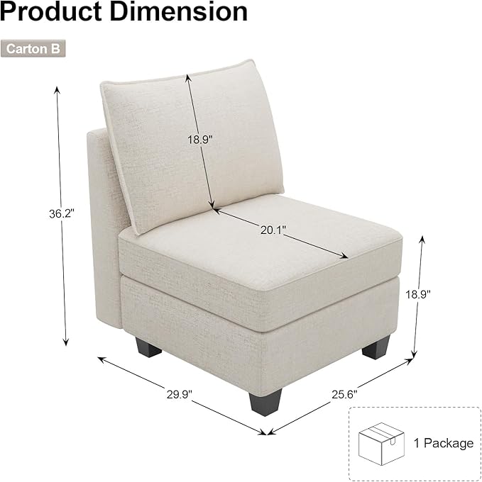 Belffin Modular Sectional Sofa Armless Seat Module for Chenille Modular Couch Armless Single Sofa Beige