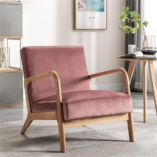 Classic Mid Century Modern Accent Chairs for Living Room or Bedroom Espresso Open ed Armchair with Plush Cushioning and Velvet Fabric Rose
