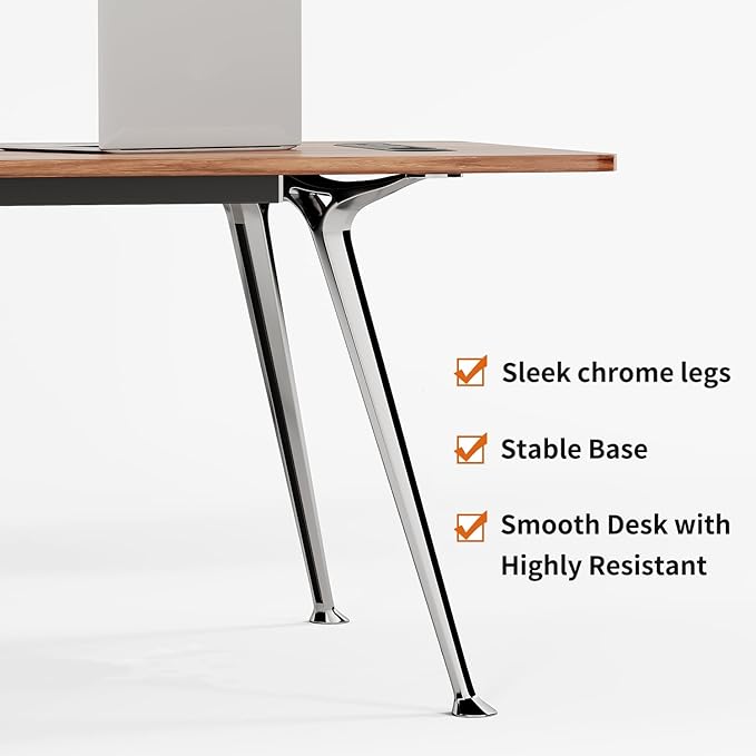 60-Inch Executive Desk Computer Office Desk Workstation with Chrome-Plated Legs and Built-in Power Outlet Writing Table Business Furniture Modern Minimalist Style for Home Office Walnut