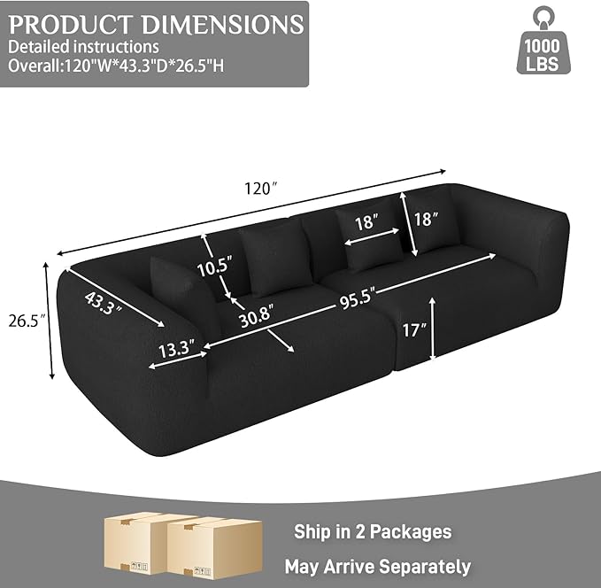 120 Oversized Boneless Sectionals for Living Room Comfy Plush Modular Sectional Sofa Modern Modular Couch Chenille Cloud Couch Sectional with Deep Seat 4 Seater No Assembly Needed Black