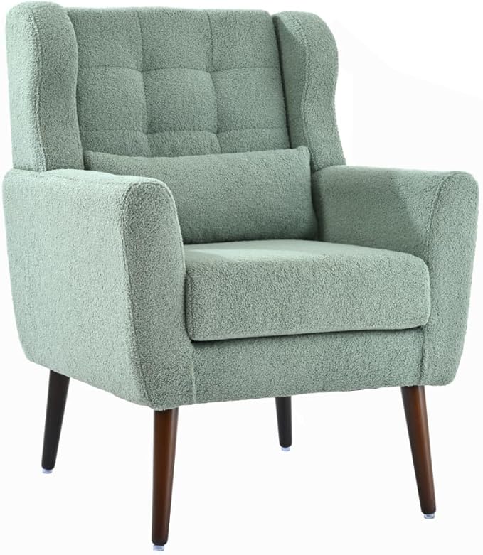 Modern Accent ChairChenille Arm Chairs for Living RoomUpholstered Mordern ArmchairComfy Soft Padded Lounge Chair in Small Space Bedroom w/Pillow Solid Wood Leg (Light Green +Teddy)