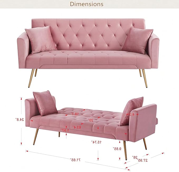 Anwick Modern Velvet Sofa Bed Futon with 2 Pillows2-in 1 Convertible Sleeper Couch BedFolding Recliner Loveseat with Golden Metal Legs for Living Room Apartment Office (Pink)