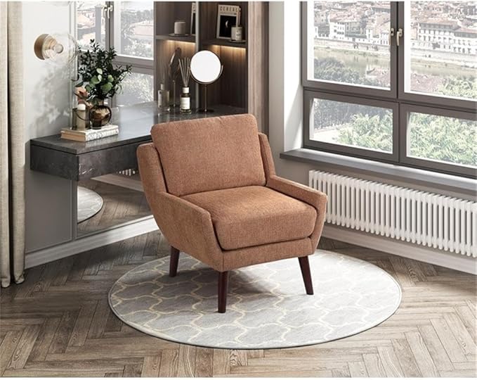 Pemberly Row Contemporary Chenille Accent Chair Orange Finish Soft Upholstery Reversible Cushions Espresso Wood Legs High-Density Foam Padding Durable Seating for Living Room or Bedroom