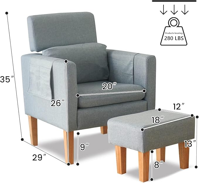 TAKUKA Modern Accent Chair with Ottoman SetComfy Fabric Armchair with Footrest Upholstered Chair with Side Pocket Soft Reading Lounge Chair for Living RoomBedroomOffice (Water Blue)