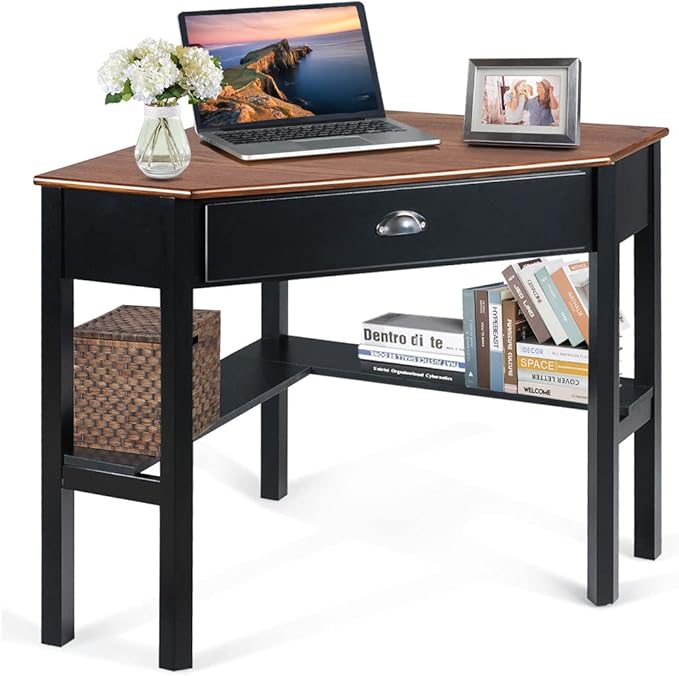 POWERSTONE Corner Desk with Drawer &amp Storage Shelves Small Triangle Writing Table Computer Desk Corner Vanity for Home Office Small Space