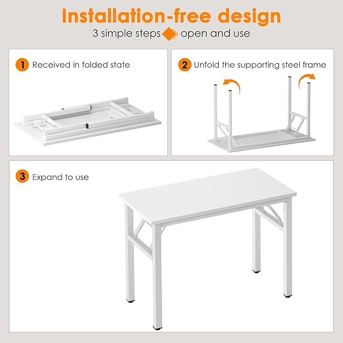 SDHYL 39 inches No Assembly Foldable Computer Desk for Home Office Modern Simple Portable Study and Writing Table Conference Workstation with Metal Frame White