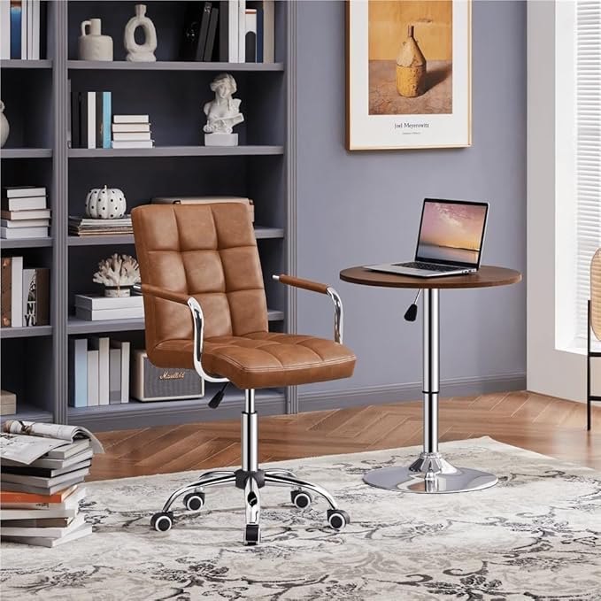 Butterslay Mid-Back PU Leather Office Chair with Armrests 360° Swivel Rolling Height Adjustable Desk Chair with Lumbar Support for Home Office Bedroom White/Pink/Brown/Retro Brown (Retro Brown)