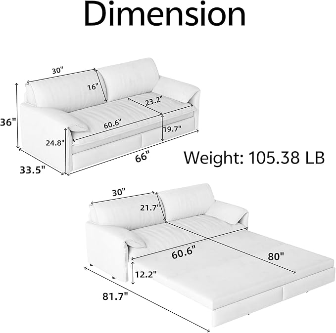 Newfun 66 Futon Sofa Bed 3 in 1 Convertible Sleeper Sofa with Side Storage Velvet Loveseat Bed Pull Out Sofa Bed for Living Room Small Space Bedroom Studio (Beige)