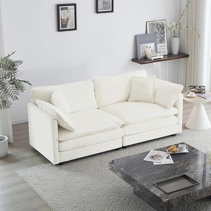 76.7 Loveseat Sofa Couch for Living Room 2 Seat Sectional Couch Cloud Sofa with Thickened Cushion &amp 4 Pillows for Small Spare ApartmentChenille Fabric Cream White