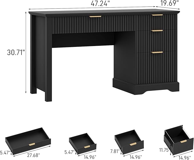Vabches Fluted Executive Desk with Drawers Wood Computer Desk with Ample File Drawer Home Office Desk with Storage for Study Bedroom Living Room Black