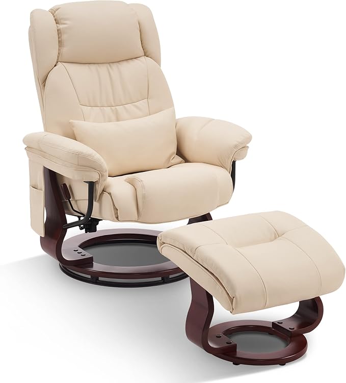MCombo Swivel Recliners with Ottoman Vibration Massage TV Chairs with Side Pocket Faux Leather Ergonomic Lounge Chair for Living Room Bedroom 4734 (Cream White)