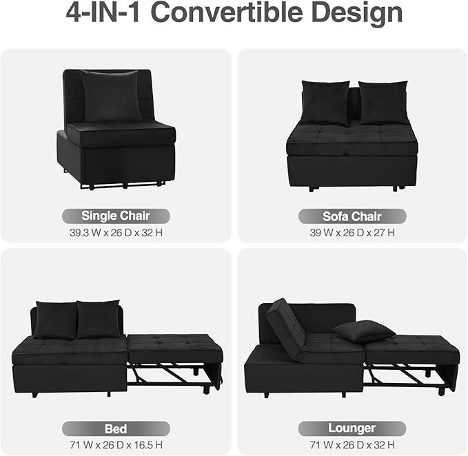 Sleeper Sofa Bed Convertible 4-in-1 Pull Out Couch with 5 Adjustable Backrest Modern Velvet Sofa with USB Ports &amp Storage Pocket (Includes Pillow) for Living Room BedroomApartment Black