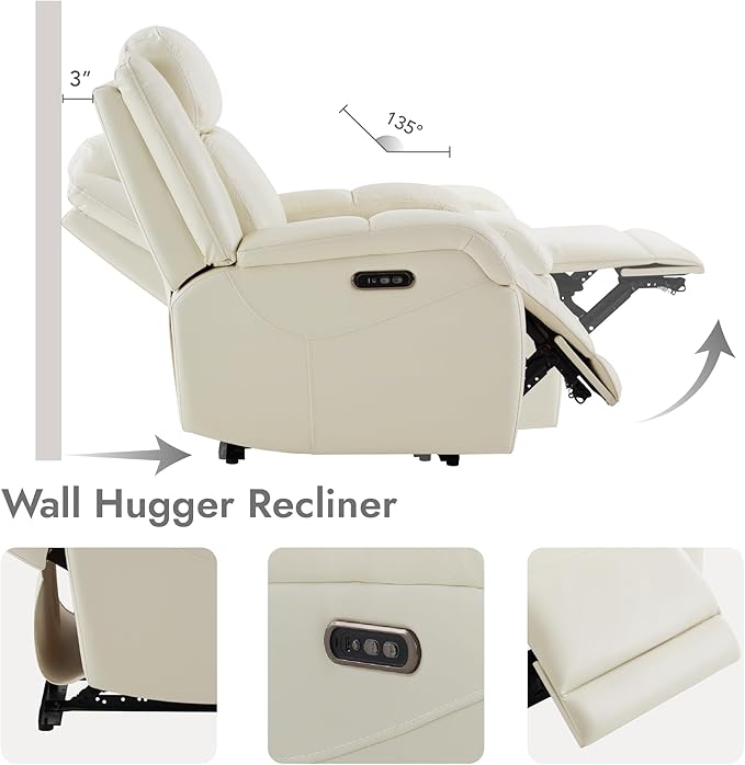Watson &amp Whitely Genuine Leather Power Recliner Chairs for Adults Wall Hugger RV Recliner with Power Headrest &amp Charging Ports Electric Recliner Sofa Chair for Living Room Cream