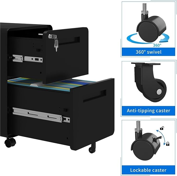 Mobile File Cabinet 2 Drawers Rolling File Cabinet W/Lock Metal Mobile Filing Cabinet Under Desk