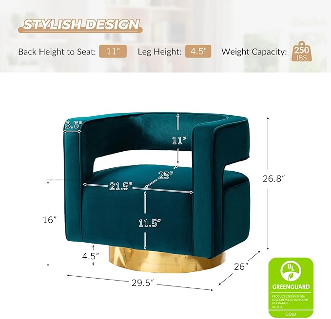 TINA'S HOME Swivel Accent Barrel Chair Modern Velvet Armchair with 3D Curved Open Back &amp Swivel Gold Metal Base Upholstered Club Chair for Living Room Bedroom Nursery Teal(No Assembly Required)