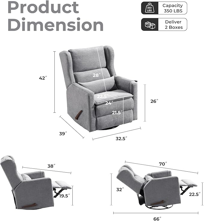 Swivel Rocker Recliner Chair Glider Rocker Recliner with Adjustable Headrest Nursery Rocking ChairManual Recliner with Side Pockets for Living Room &amp BedroomGrey