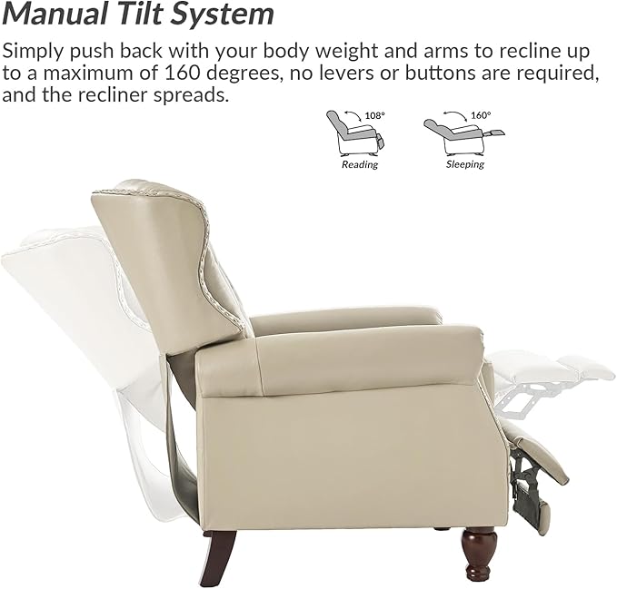HULALA HOME Genuine Leather Recliner Chair with Solid Wood Feet Modern Adjustable Tufted Push Back Arm Chair w/Rivet Decoration Home Theater Seating Single Reclining Sofa for Living Room Beige