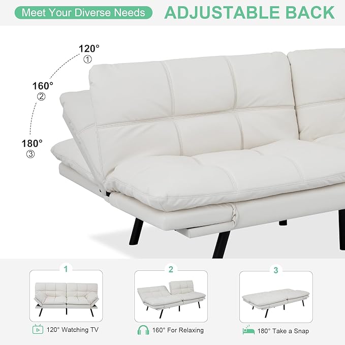 MUUEGM Futon Couch with 71 Adjustable High Density Memory Foam Futon Sofa Bed Modern Design Sofa Bed for Living Room Sleeping and Relaxing(Leather White)