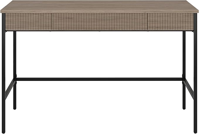 Henn&ampHart 48 Fluted Mid-Century Modern Rectangular Wooden Home Office Desk Computer Desk Writing Table with 3 Ribbed Storage Drawers for Bedroom Living Room or Home Office Weathered Gray