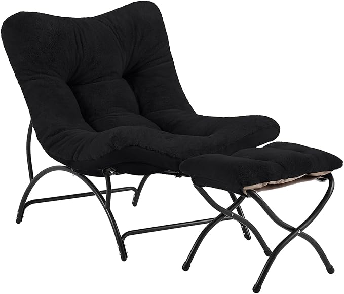 Tiita Accent Lazy Chair with Ottoman Comfy Lounge Chair with Metal Frame and Plush Fabric Thick Cushion Seated Cozy Recliner Chair for Reading Room Living Room Bedroom Office Black