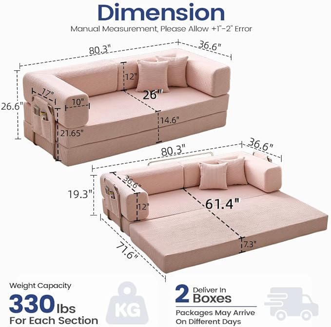 Folding Sofa Bed Convertable Corduroy Couch King Size Floor Sleeper 4-in-1 DIY Combination Modular Sofa Fold Out Futon Lounge Comfy Foldable Lazy cama for Living Room (Pink 80.15)