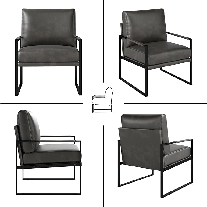 Mid Century Modern Faux Leather Accent Chair Set of 4 Metal Framed Armchair with Extra Soft Removable Seat Cushion &amp Backrest for Living Room Bedroom Waiting Room Easy to Clean (4 Dark Grey)