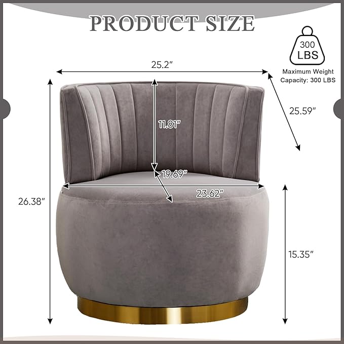 Velvet Swivel Barrel Chair Modern Upholstered Accent Chair 360° Swivel Round Lounge Chair with Gold Metal Base Comfy Arm Chair Sherpa Chair for Nursery Living Room Bedroom Club Office Gray
