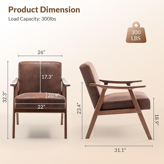 Rovibek Upholstered Accent Chair with Arms - Mid Century Modern Accent Chairs with Wood Frame Upholstered Arm Chairs with 5.9in Thick Foam Brown Occasional Chair Set of 2