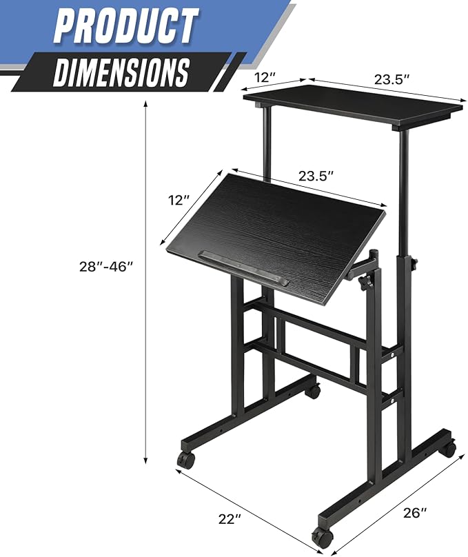 Small Standing Desk Adjustable Height and Angle Computer Laptop Desk Home Office Sit Standup Desk Portable Rolling Desk with Wheels 2 Platforms Black