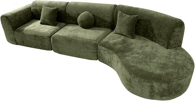 140 Modern Curved Sectional Sofa with High-Density Fully Compressed Sponge and Chaise Lounge 3-Piece Set Fully Assembled Right Hand Facing Perfect for Living Room Lounge (Green)
