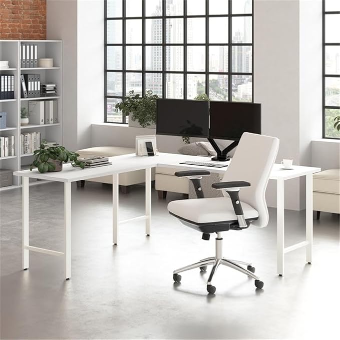 Pemberly Row 72W x 24D Computer Desk Engineered Wood White Finish Metal Legs Built-in Wire Management Durable Large Workspace Modern Home Office or Professional Desk