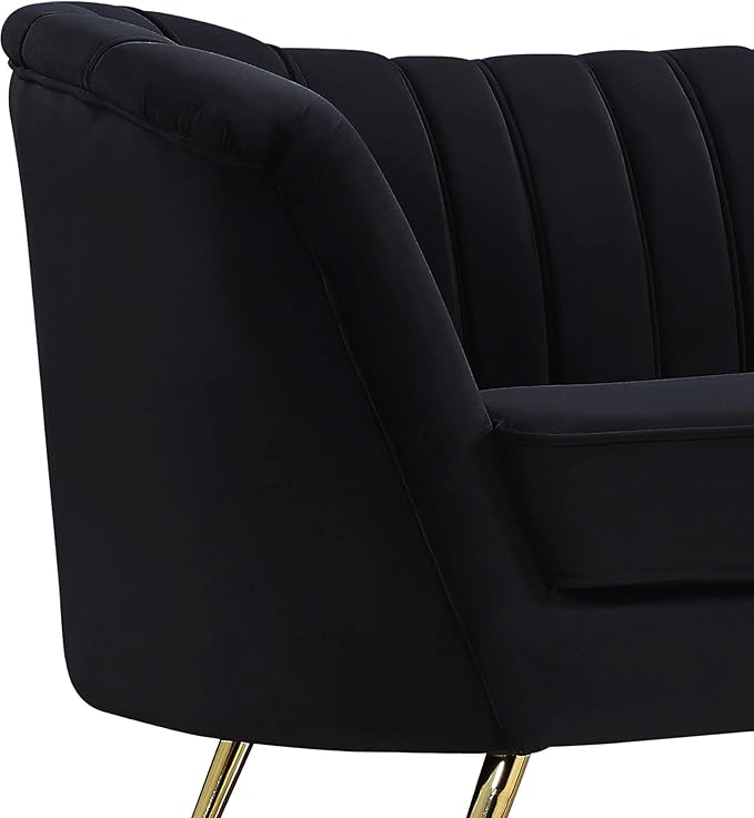 Meridian Furniture Margo Collection Modern | Contemporary Velvet Upholstered Loveseat with Deep Channel Tufting and Rich Gold Stainless Steel Legs Black 65 W x 30 D x 33 H