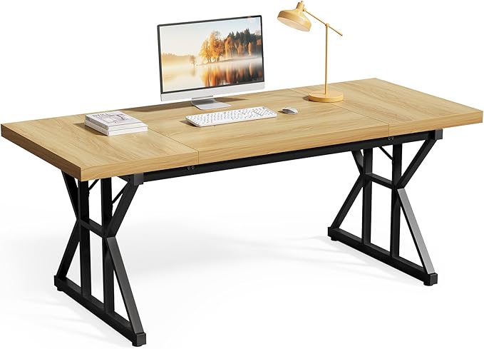 LITTLE TREE 70.8-Inch Large Executive Desk Modern Computer Office Desk Wooden Writing Desk Study Table for Home Office Light Walnut-Black