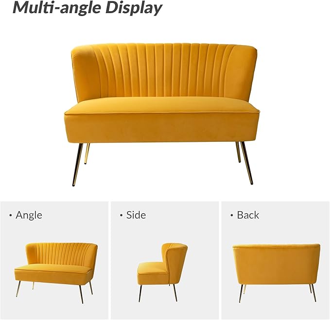 HULALA HOME Velvet Loveseat Sofa with Gold Legs Mid-Century Modern Upholstered Love seat Couch Tufted Small 2-Seat Sofa Armless for Living Room Bedroom Apartment Small Spaces Mustard