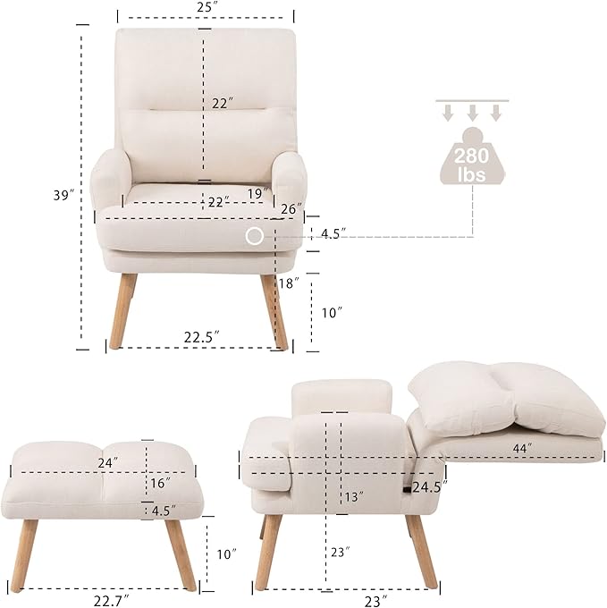 Accent Chair with Ottoman SetFabric Armchair with Wood Legs and Adjustable High BackrestUpholstered Lounge Chair for Living RoomBedroomReading Room and Study (Beige)