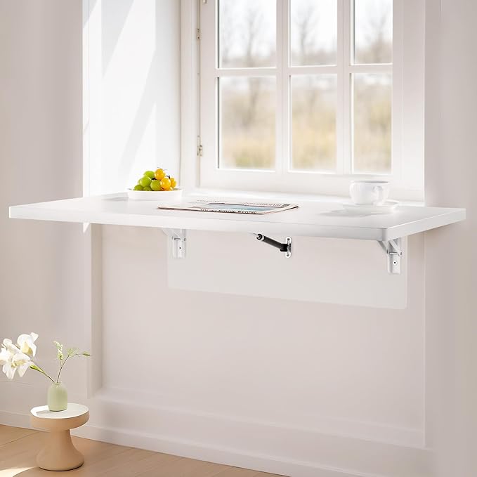 VEVOR Wall Mounted Folding Table 35.4 x 19.7 inches Wall Mount Table Floating Desk with Iron Bracket for Small Spaces Home Office Dining Laundry Room Kitchen Bar White