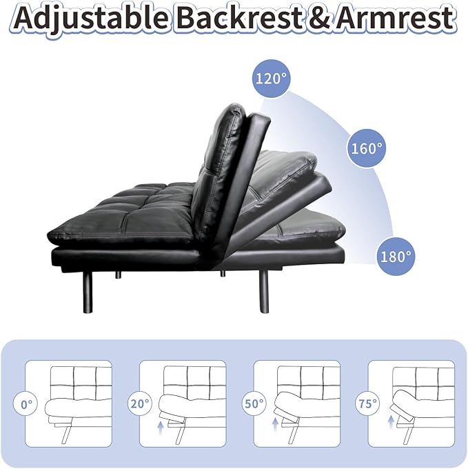MUUEGM Black Futon Sofa Bed Leather Memory Foam Modern Office Couch Sleeper Bed Convertible Love seat Sofa for Small SpacesApartmentOffice with Adjustable Armrest Backrest