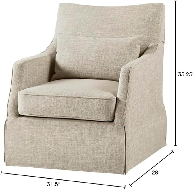 Martha Stewart London Swivel Chair - Solid Wood &amp Plywood Skirted Metal Base Accent Armchair Lumbar Pillow -Modern Classic Family Room Sofa Furniture Bedroom Lounge 28X31.5X35.25 Beige Mult