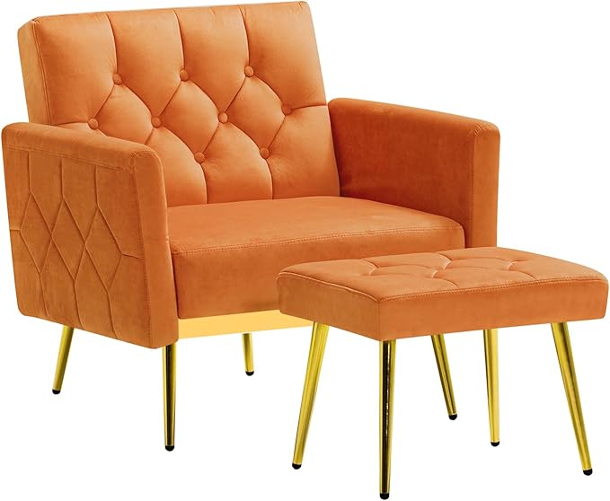 Velvet Accent Chair w/Adjustable Armrests and Backrests Tufted Single Sofa with Ottoman Upholstered Reading Chiar for Living Room Apartment Bedroom Orange