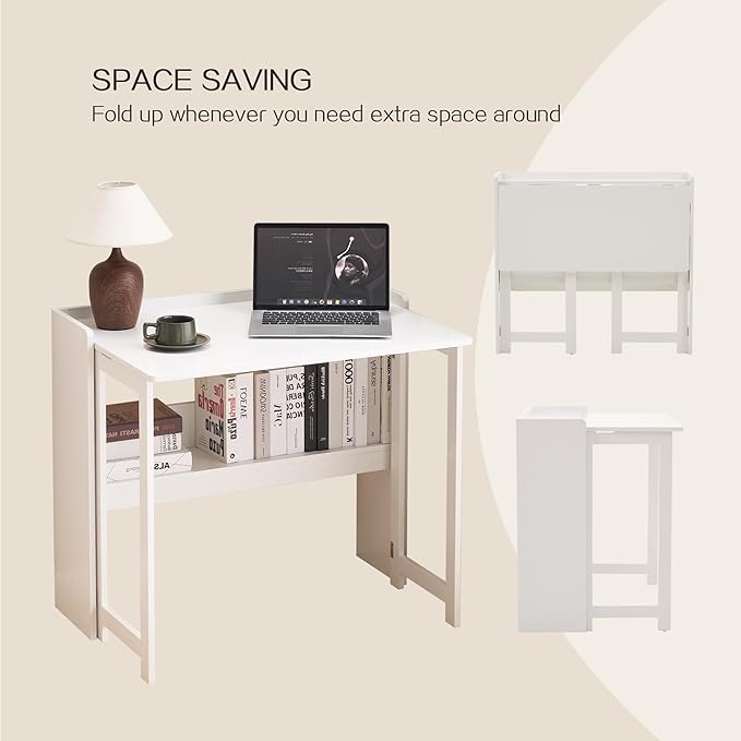 Foldable DeskFolding Table with Storage Shelf32.6 Inch Fold Out Computer Desk for Small SpacesWriting Desk for Bedroom Home Office Dorm and Apartment (White)
